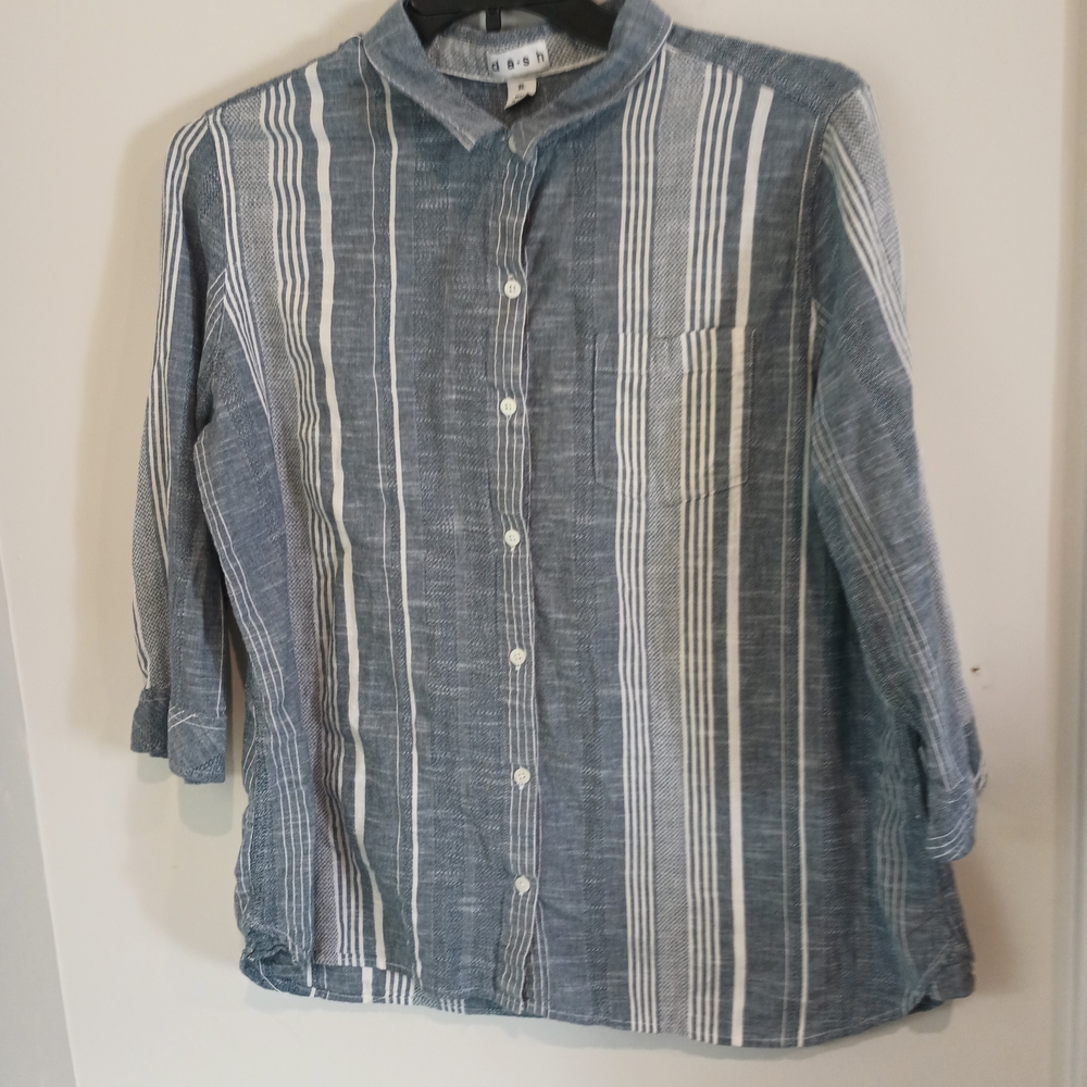 Dash Women's XL Blue Striped Button Up Shirt 100% Cotton Roll Tab Sleeve Boho